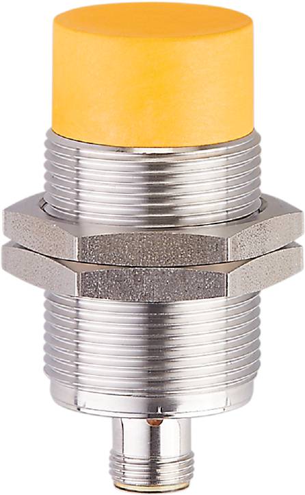 Metallsensor mit gelber Spitze, zylindrische Bauform, zur Erkennung von Objekten in automatisierten Systemen.