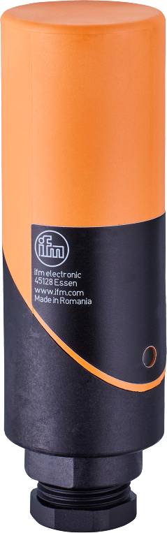 Ein orange-schwarzes Etikett mit dem Logo von 'ifm electronic', der Adresse '45128 Essen' und dem Hinweis 'Made in Romania'.
