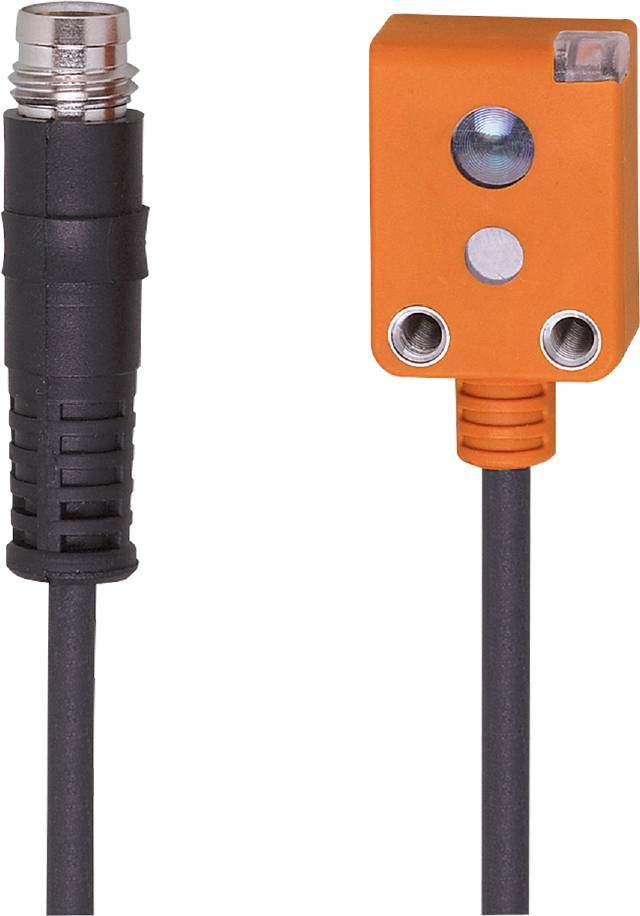 Ein rechteckiger, gelboranger Sensor mit zwei Löchern und einem Kabelanschluss. Daneben ein schwarzes Kabel mit geriffelter Textur.