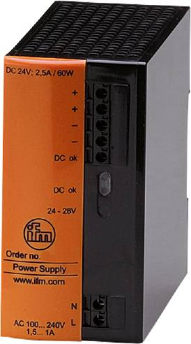 Ein schwarzes und oranges elektronisches Gerät mit Plus- und Minuspunkten markiert. Marke 'ifm', Spannung 24-28V.