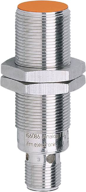 Ein zylindrischer Sensor aus Metall mit Gewinde und einer Sechskantmutter für die Montage, oft verwendet in industriellen Anwendungen.