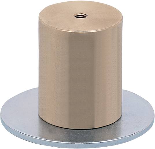 Ein zylindrischer, beige Magneteinsatz auf einer runden, silbernen Basis.