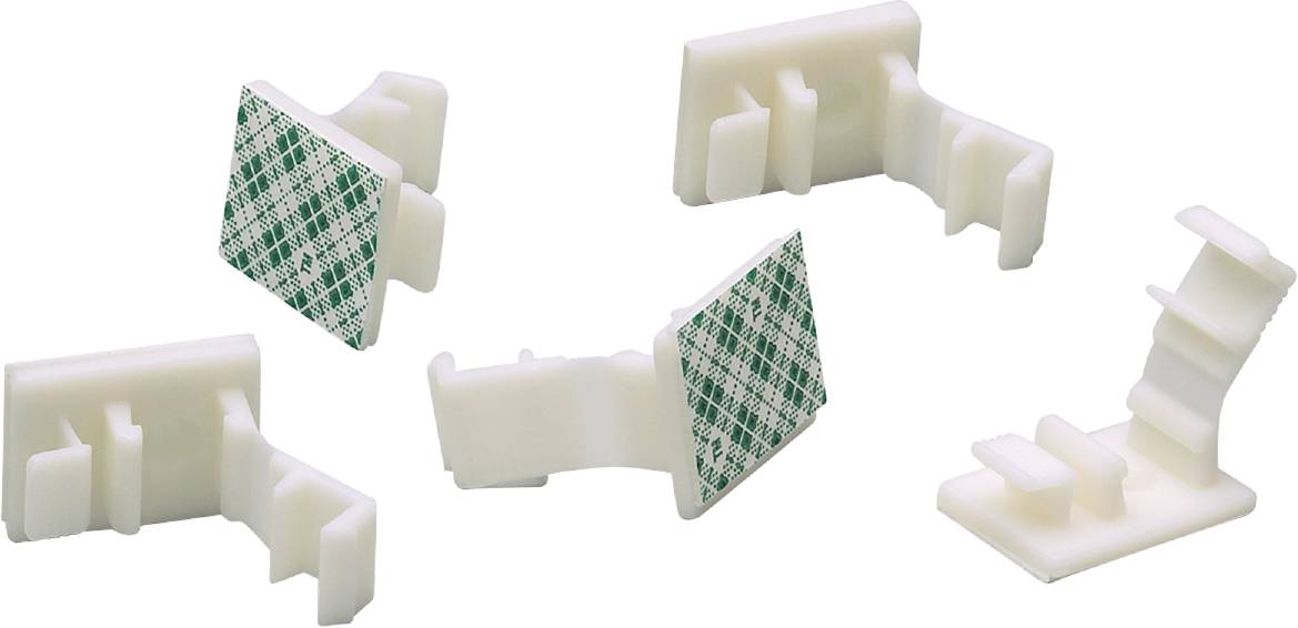 Mehrere weiße Wandhaken mit Klebeflächen, ideal zur Kabelbefestigung, auf weißem Hintergrund.