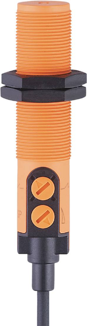 Ein orangefarbener zylindrischer Sensor mit Symbol auf der Vorderseite.