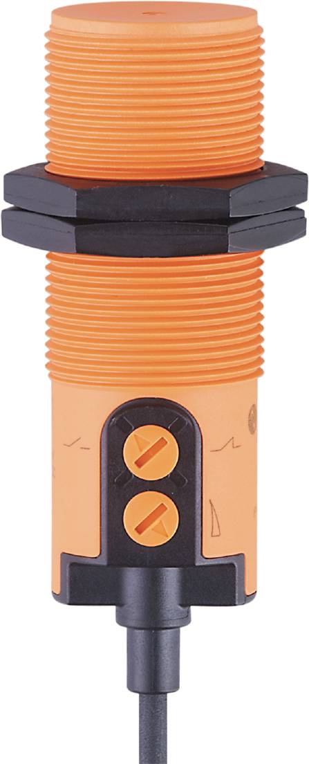 Orange- und schwarzfarbener Zylinder mit zwei gelben, kreuzförmigen Elementen an der Vorderseite; Teil eines Werkzeugs oder Geräts.