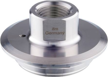 Metallsensor von ifm Germany für industrielle Anwendungen, mit glatter Oberfläche und einer Öffnung in der Mitte.