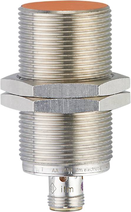 Ein zylindrischer, metallischer Sensor mit Gewinde. Er hat zwei Sechskantmuttern in der Mitte und ist für industrielle Anwendungen geeignet.