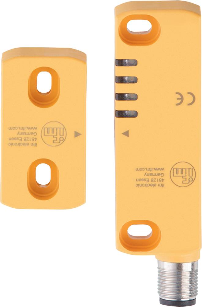 Zwei gelbe, rechteckige Magnetsensoren mit vertikalen Einkerbungen und Bohrlöchern zur Montage. Markierungen mit CE-Zeichen und Masseangaben.