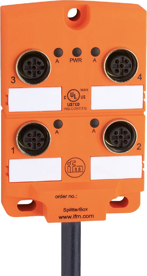 Orange Elektrobox mit vier runden Steckverbindungen, nummeriert von 1 bis 4. UL-Kennzeichnung und Logo auf weißem Etikett sichtbar.