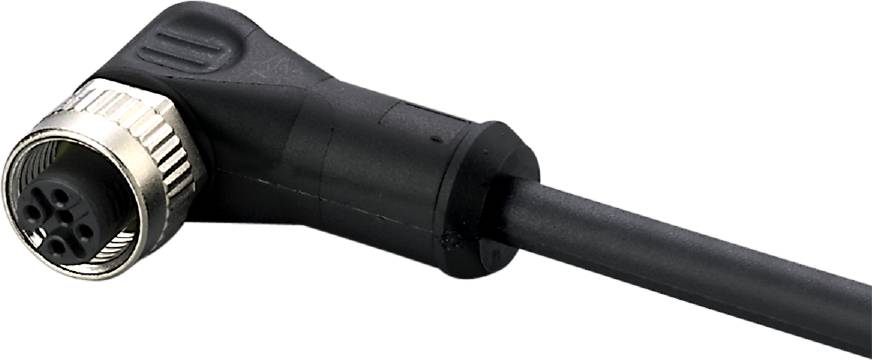 Nahaufnahme eines schwarzen Kabels mit Stecker. Der Stecker ist abgewinkelt und glatt, deutet auf industrielle Verwendungszwecke hin.