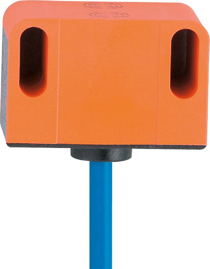 Ein orangefarbenes Kunststoffgehäuse mit zwei ovalen Aussparungen an den Seiten, montiert auf einem blauen Kunststoffstab.