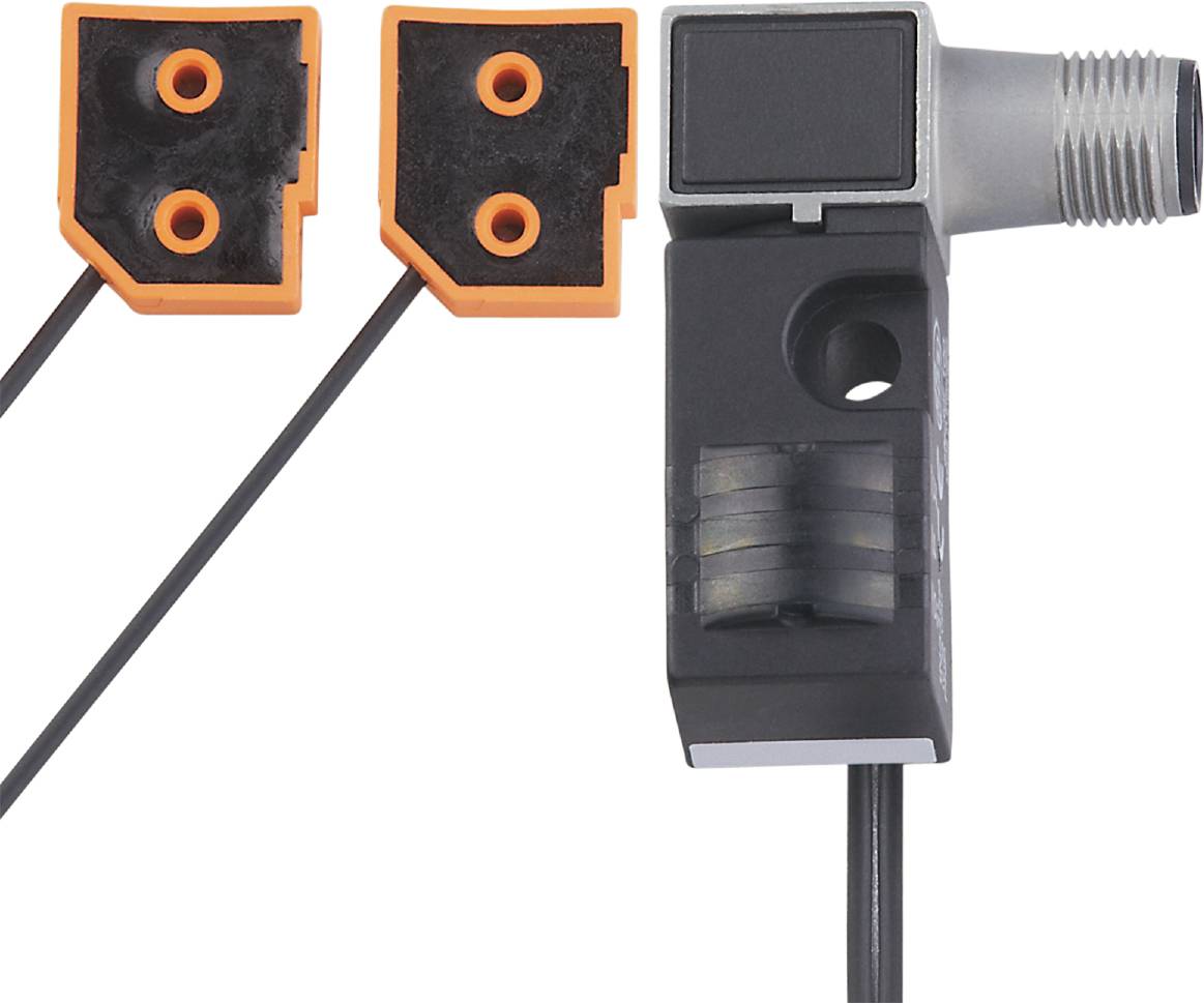 Ein rechteckiger Sensor mit zwei orangefarbenen, abnehmbaren Steckverbindern, die an der Oberseite angeschlossen sind.
