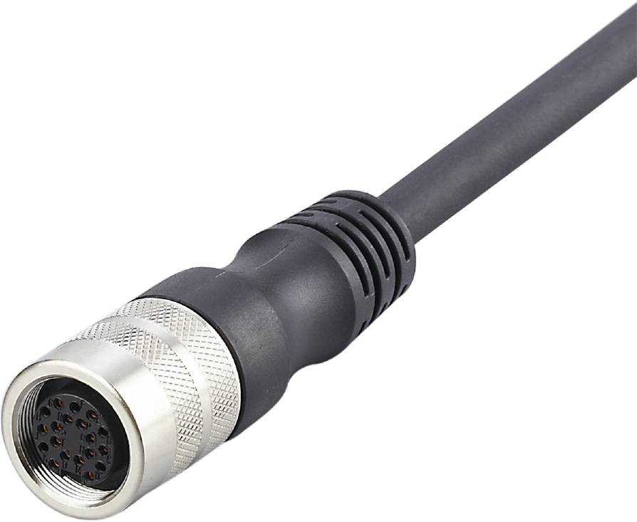 Ein schwarzes Kabel mit einem silbernen, runden Stecker. Der Stecker hat mehrere Pins und ist für elektronische Verbindungen geeignet.