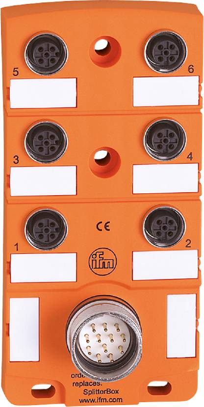 Ein orangefarbener elektrischer Sensor mit vier schwarzen Steckverbindungen, jeweils mit nummerierten weißen Etiketten versehen.