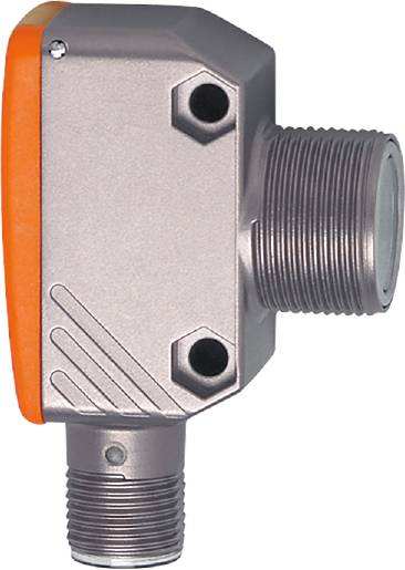 Metallsensor mit orangefarbenem Akzent zur Überwachung von Maschinenprozessen. Enthält Gewindeverbindung und elektronische Anschlüsse.