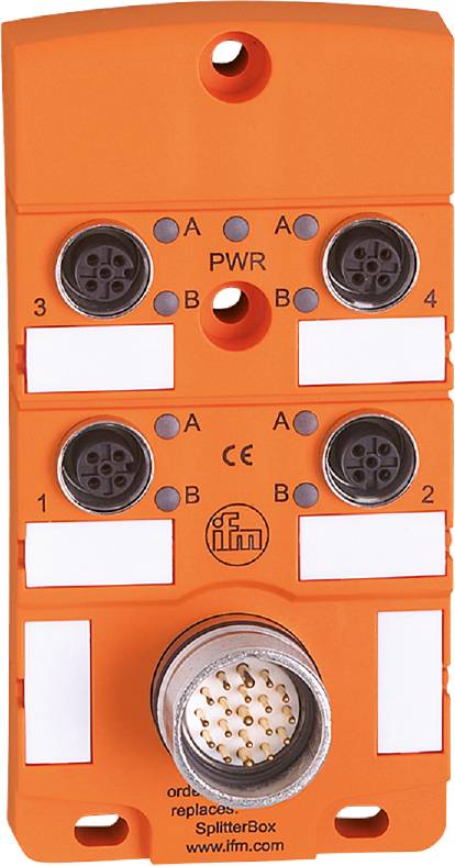 Vorderansicht eines orangefarbenen elektrischen Mehrfachsteckers mit vier Buchsen und PWR-Anzeige oben, darunter CE-Zeichen.
