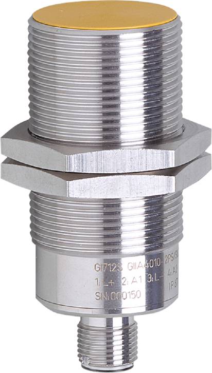 Induktiver Näherungssensor mit zylindrischem Gehäuse aus Metall und Gewinde für industrielle Anwendungen.