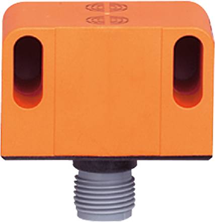 Ein rechteckiger, orangefarbener Sensor mit zwei dunklen Öffnungen oben und einem Schraubgewinde unten.