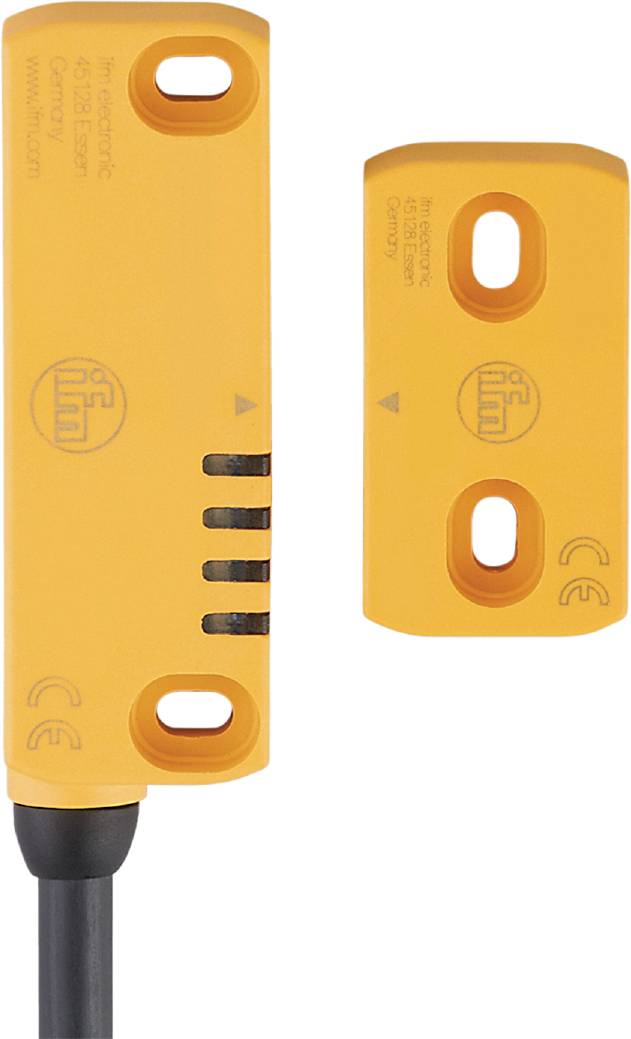 Zweikomponentensensor in Gelb mit Logos, Pfeilmarkierungen und CE-Zeichen. Obere Einheit mit zwei Öffnungen, untere mit drei Linien.