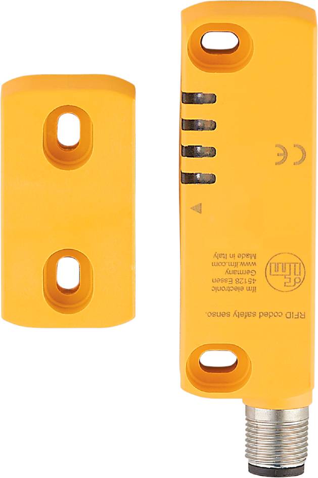 Ein gelbes RFID-Sicherheitsmodul mit CE-Kennzeichnung, zwei Befestigungslöchern und einem Herstellungsaufdruck.© Reer GmbH.