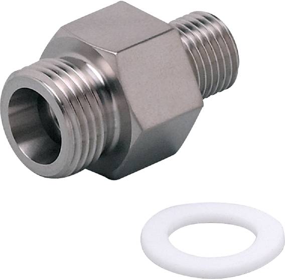 Metalladapter mit Außengewinde, sechseckig, aus Edelstahl, daneben ein weißer Dichtungsring.