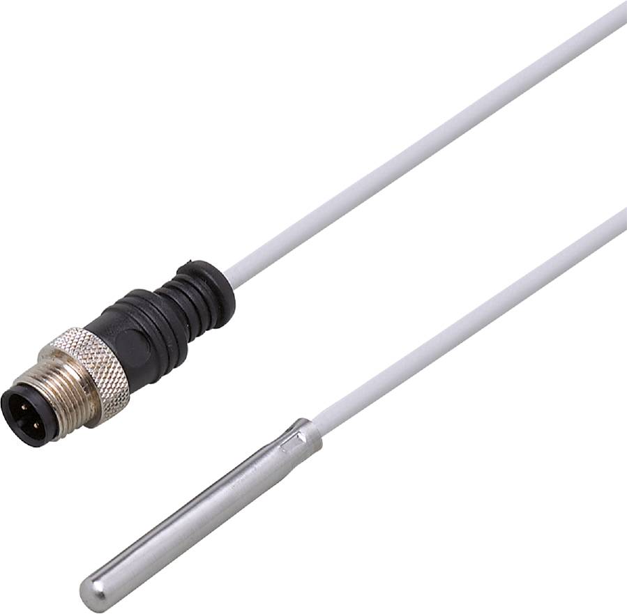 Ein Temperatursensor mit einem M8-Stecker auf der einen Seite und einer metallischen Sonde auf der anderen, verbunden durch ein weißes Kabel.