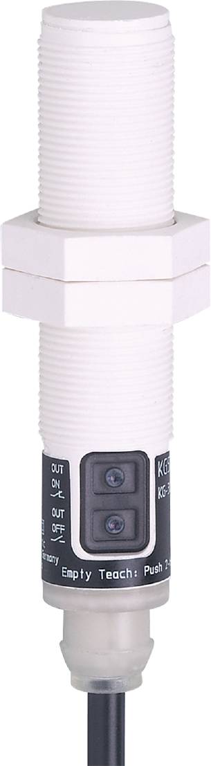Ein weißer zylindrischer Sensor mit einem quadratischen Kopf. Unten befindet sich ein schwarzer Bereich mit den Aufschriften 'ON' und 'OFF'.