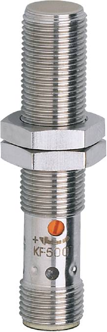 Ein vernickelter Gewindesensor mit sechskantiger Mutter und zylinderförmigem Körper, wahrscheinlich für industrielle Anwendungen.