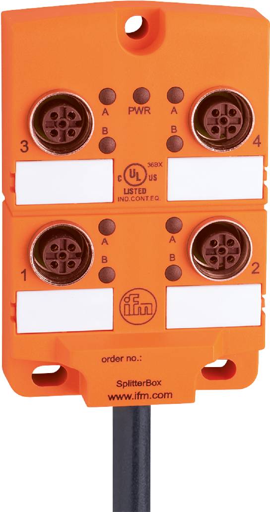 Ein orangefarbener Splitterboxadapter mit vier kreisförmigen Anschlüssen und Beschriftungen für Ports A und B. Markenlogo und Zertifizierungssiegel sichtbar.