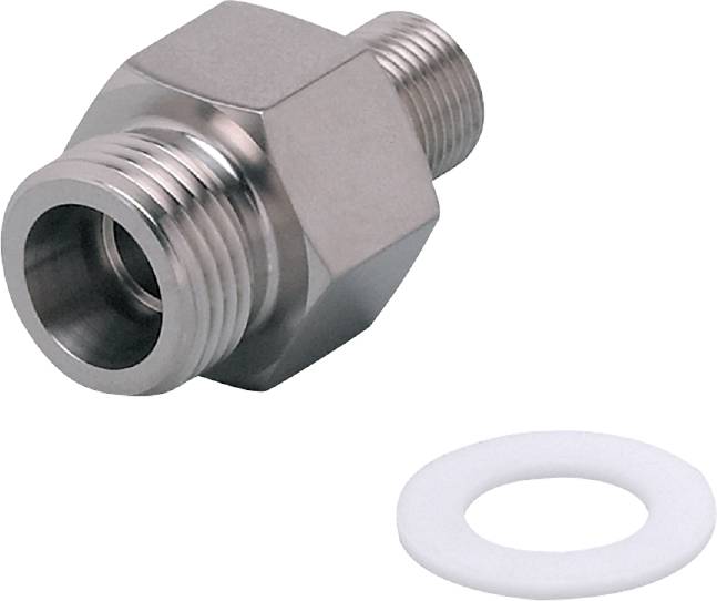 Ein sechseckiger Metalladapter mit Gewinde auf beiden Enden liegt auf einem weißen Hintergrund. Daneben ein weißer Dichtungsring.