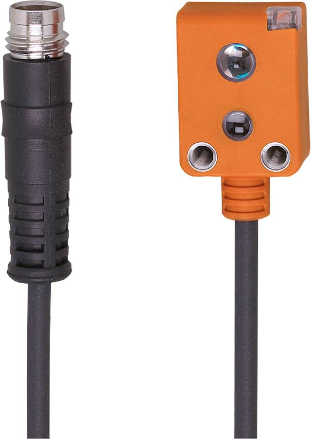 Ein kleiner, rechteckiger, orangefarbener Sensor mit zwei Befestigungslöchern und einem schwarzen Kabelanschluss.