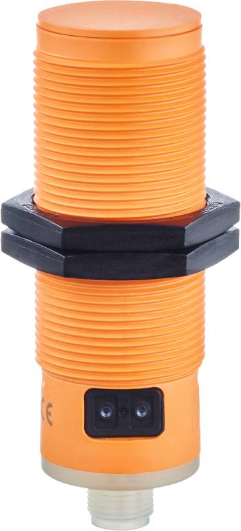 Ein orangefarbener Zylinder mit Gewinde und zwei schwarzen Muttern in der Mitte, vermutlich ein Teil eines mechanischen Geräts.