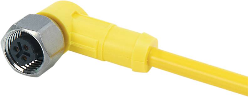 Gelber Plastikstecker auf weißem Hintergrund, Detailansicht der Steckverbindung.