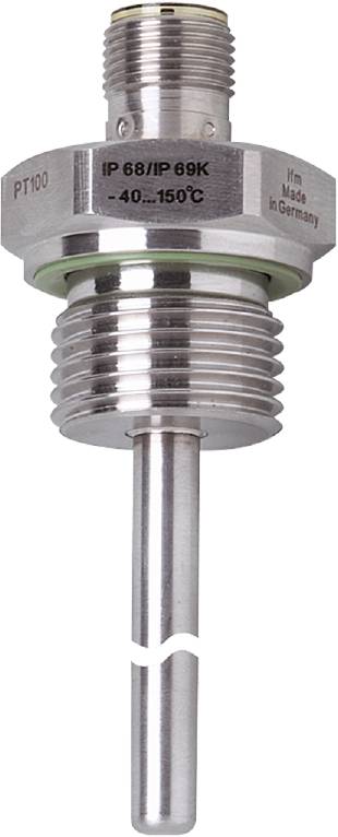 Ein silbernes Metallbauteil mit Gewinde und langem Stab, möglicherweise ein Sensor oder eine Sonde, vor weißem Hintergrund.