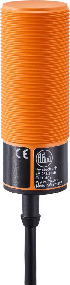 Ein orangefarbener zylindrischer Sensor von ifm, Modell 45128 Essen Germany, zeigt CE-Kennzeichnung.