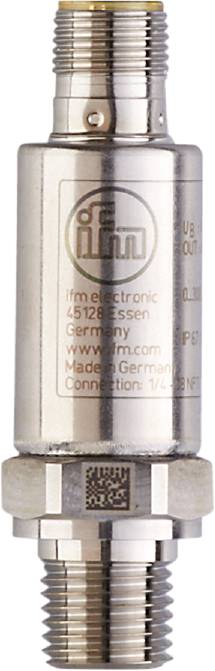 Silberner Zylinder mit Aufdruck: 'ifm electronic, 45128 Essen, Germany, www.ifm.com, Made in Germany, Connection: 1/4 NPT'.