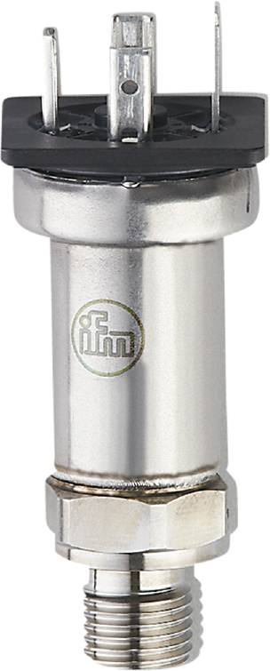 Silberner metallischer Sensor mit einem Logo, das die Buchstaben 'ifm' enthält, in der Mitte des Bildes.