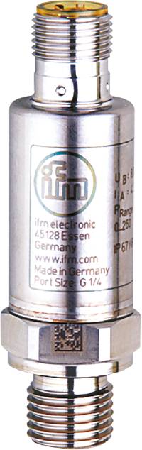 Sensor mit Aufschrift 'ifm electronic, 45128 Essen, Germany, www.ifm.com'. Herstellungsland: Deutschland. Portgröße: G 1/4.