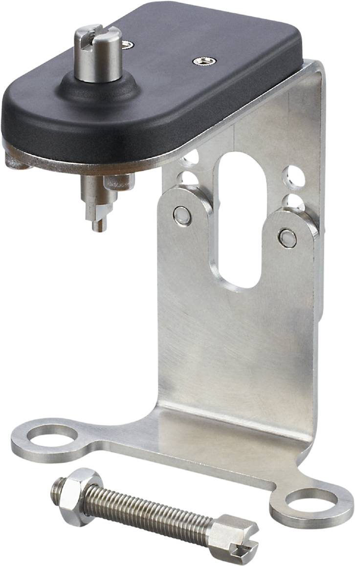 Metallhalterung mit schwarzem Kunststoffaufsatz und kreisförmiger Basis. Verwendet zur Befestigung in Maschinen oder Geräten.