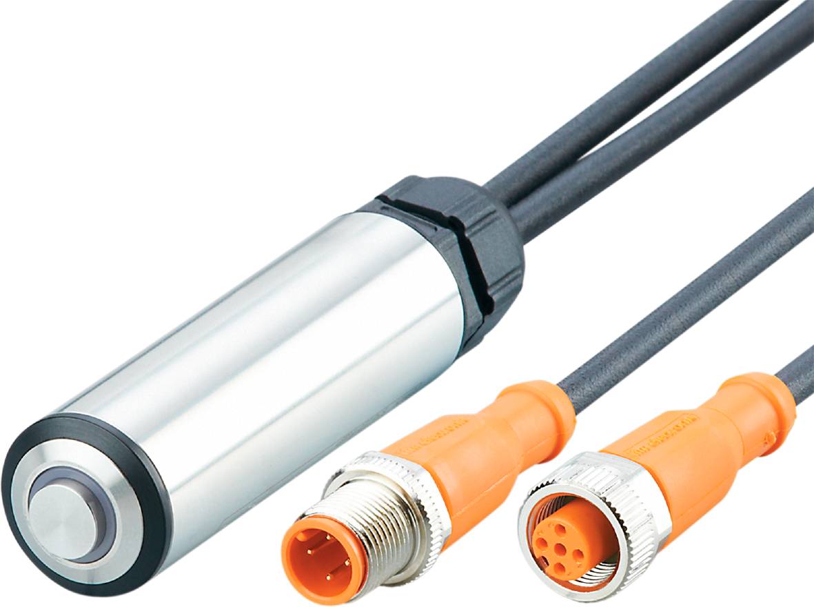 Metallsensor mit orangefarbenem Kabel und Stecker, geeignet für industrielle Anwendungen zur Erfassung von Bewegungen oder Positionen.