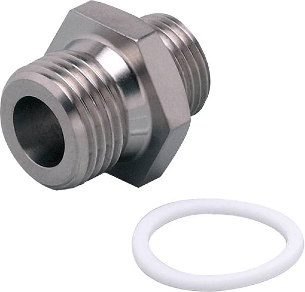 Metallgewinde-Adapter mit Dichtung, wahrscheinlich für Rohr- oder Schlauchverbindung. Links der Adapter, rechts die Dichtungsring.