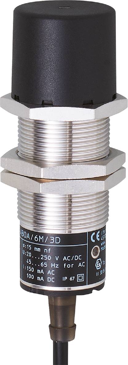 Metallzylindersensor mit Gewinde, geeignet für eine Spannung von 10-30V DC. Markierungen zeigen CE- und RoHS-Konformität an.