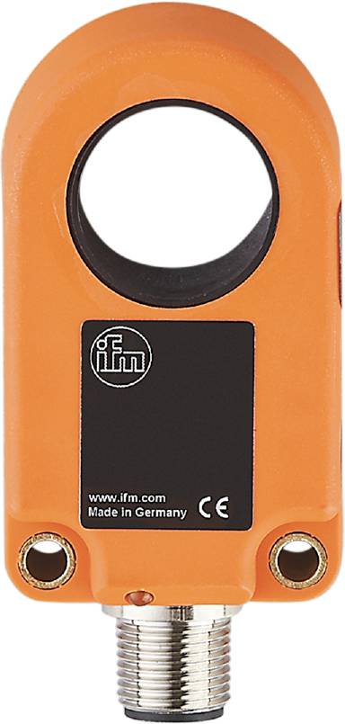 Oranges elektronisches Gerät mit schwarzem Sensorbereich, Logo 'ifm' und Aufschrift 'www.ifm.com, Made in Germany, CE'.