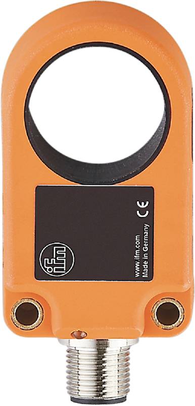 Ein orangefarbenes Gerät mit schwarzer Frontplatte, auf der das Logo 'ifm' und 'Made in Germany' steht. Oben befindet sich eine kreisförmige Öffnung.