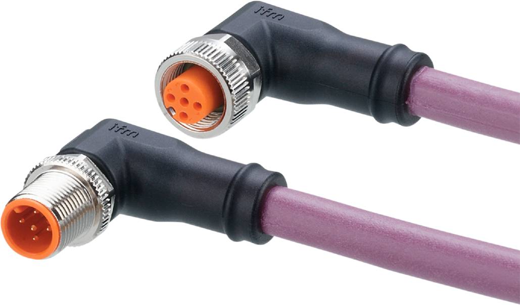 Zwei Kabel mit rechtwinkligen Steckverbindern; eines hat einen orangefarbenen, das andere einen schwarzen Anschluss. Sie sind nicht verbunden.