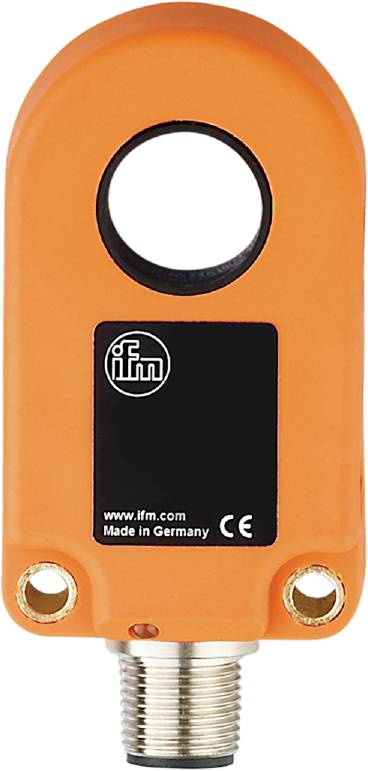 Ein rechteckiger orangefarbener Sensor mit schwarzem Kreis und 'ifm'-Logo oben. Unten steht 'Made in Germany' und CE-Kennzeichnung.