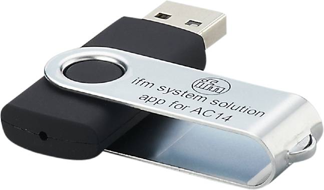 USB-Stick mit der Aufschrift 'ifm System solution app for AC14'. Silber-schwarzes Design mit drehbarem Metallbügel.