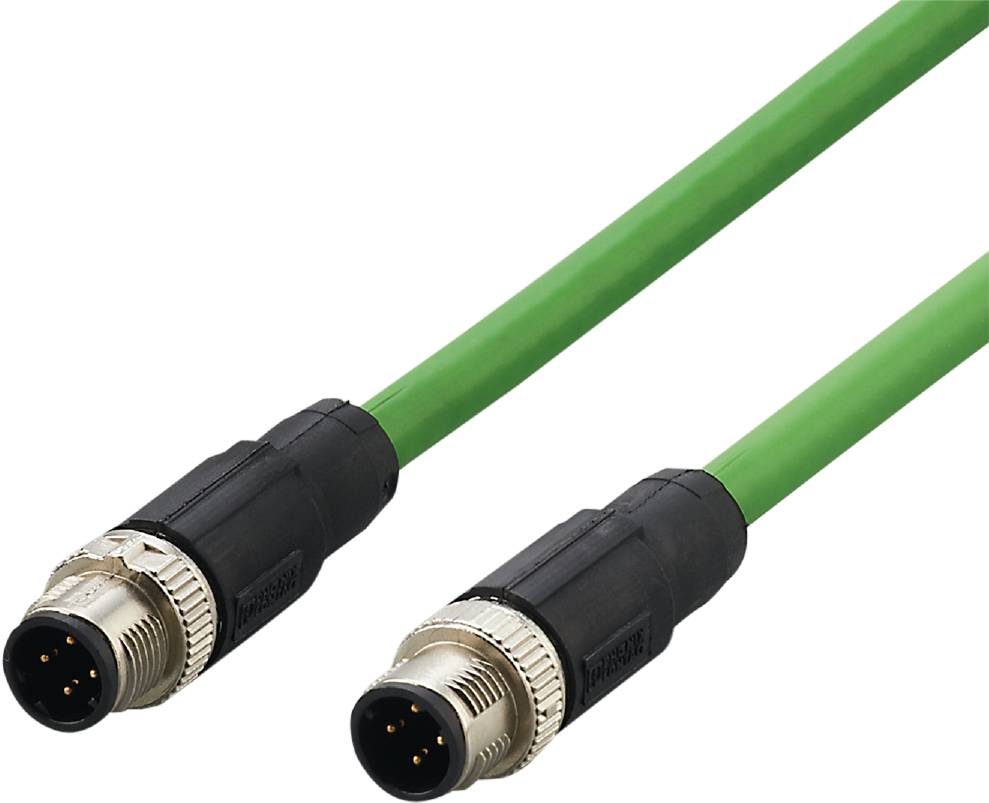 Ein grünes Datenkabel mit einem schwarzen, metallisierten Stecker an jedem Ende, geeignet für industrielle Anwendungen.