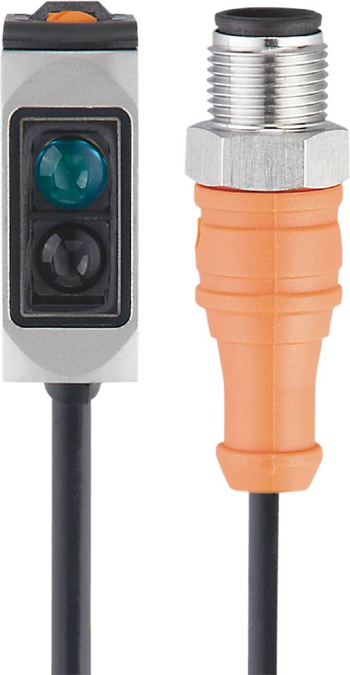 Ein rechteckiger Sensor mit einer orangen Steckverbindung, möglicherweise für industrielle Anwendungen oder Automatisierungssysteme.