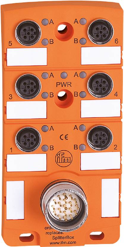 Ein orangefarbenes elektronisches Modul mit Anschlüssen, Beschriftungen für die Anschlüsse 1 bis 4, und einem Logo in der Mitte.